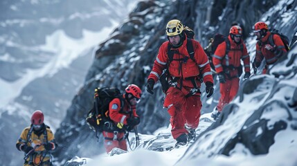 Group of Rescuers on snowy mountains saving people