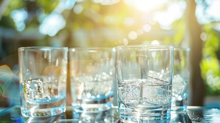 Close-up of four glasses filled with alcoholic beverages sitting on a table, blurred party background.