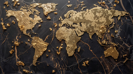 Luxurious Gold Flecked Representation of World Map on Black Marble