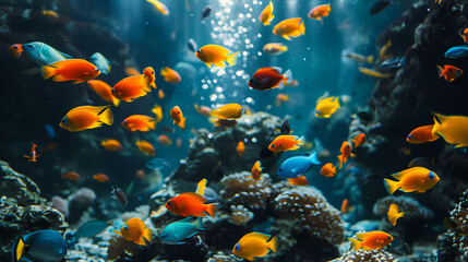 Panorama background of beautiful coral reef with marine tropical fish. Whale shark, Hammerhead shark, Zebra shark and sea turtle visited here --ar 16:9 --s 25