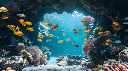 Panorama background of beautiful coral reef with marine tropical fish. Whale shark, Hammerhead...