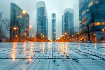 Fototapeta premium City lights and buildings reflected on a wet surface with a blurry background for an urban feel