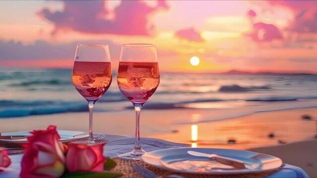 Summer love. Romantic sunset dinner on the beach. Table honeymoon set for two with luxurious food, glasses of rose wine drinks in a restaurant with sea view. Happy valentines day. Ai Footage.