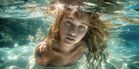 Underwater, a beautiful blond woman with long hair being moved by the water, wearing a plain white dress. Generative AI.
