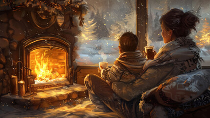 A mother and her child snuggled up by the fireplace, sipping hot cocoa and sharing stories on a cold winter's night.