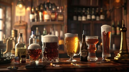 various types of alcoholic drinks and beer on the bar in a tavern.