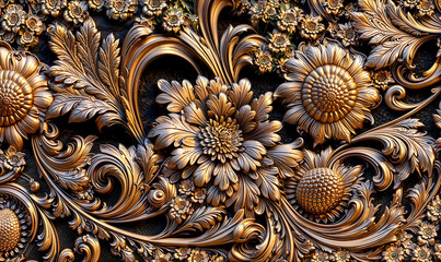 Metallic golden leaf fractal ornaments seamless pattern, textile fabric, luxury design. Generative ai