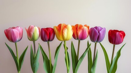 variety of colored tulip flowers, including red, yellow, pink, and purple, are arranged in a row on a white wall the flowers are supported by green stems and leaves