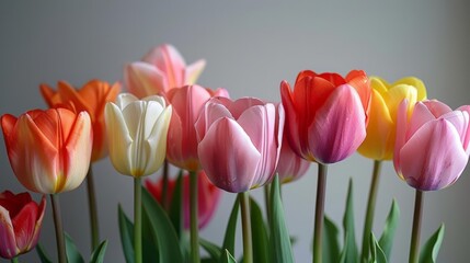 variety of colored tulip flowers, including pink, yellow, white, and red, are arranged in a row with green stems and leaves