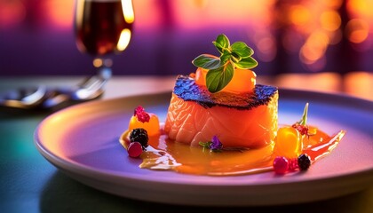 Artistically plated salmon under vibrant lights, showcasing luxury dining with exquisite garnishes.