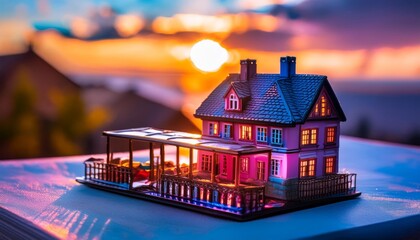 Model home lit in vibrant pink and blue hues against a serene sunset, embodying warmth and luxury.