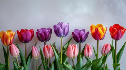 variety of colored tulip flowers, including pink, purple, yellow, and red, are arranged in a row with green stems and leaves