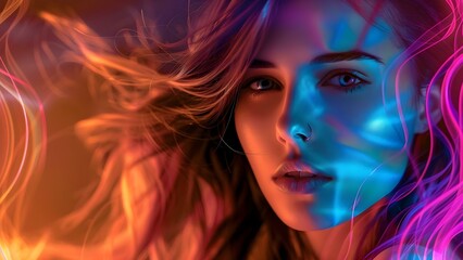 Futuristic portrait of a young woman with reflective colorchanging background. Concept Futuristic Theme, Young Woman, Reflective Background, Colorchanging, Portrait