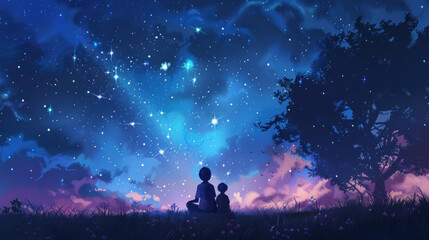Fototapeta premium A mother and her child stargazing together, marveling at the beauty of the night sky and sharing dreams.