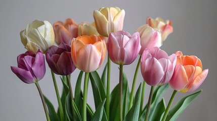 variety of colored tulip flowers, including pink, purple, yellow, and white, are arranged in a clear glass vase with green stems