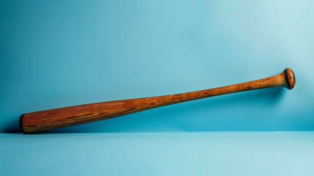 A wooden baseball bat sits on a blue background. The bat is old and well-used, with a dark brown finish.