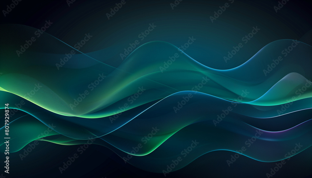 Poster vector wave dynamic lines. smooth curve blue green gradient on dark background. luxury background fo