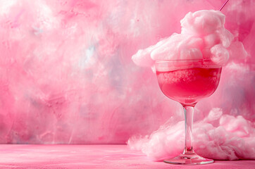 Cocktail with pink drink and cotton candy, smoke on background