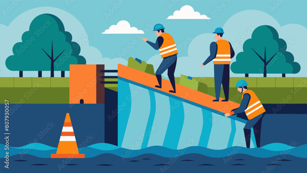 Poster workers installing flood gates at strategic points along the barrier to control the flow of water an