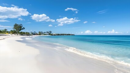 Enjoy a serene white sand beach with a picturesque blue ocean view. Concept Beach Getaway, White Sand, Blue Ocean, Serene Environment