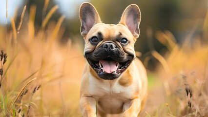 Fototapeta premium A joyful French Bulldog happily frolics outdoors. Concept Outdoor Photoshoot, Pets, French Bulldog, Joyful Moments, Playful Poses