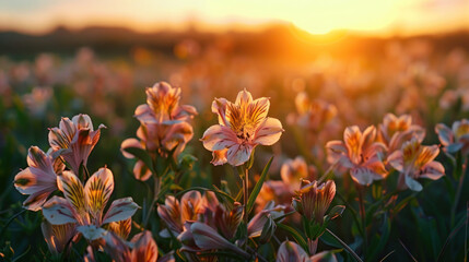 A picturesque tableau of a sunset over a field of alstroemeria flowers, their striped petals catching the last rays of sunlight before nightfall.