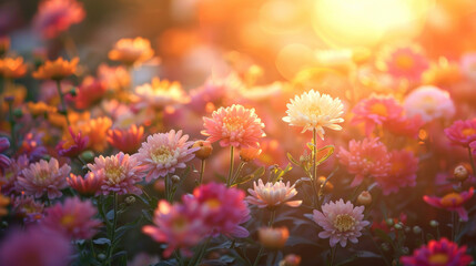 Obraz premium A picturesque tableau of a sunset over a field of chrysanthemums, their colorful blooms glowing in the warm, golden light of evening.