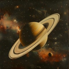 Saturn and moon with rings surrounded by stars and nebulas in space. Concept Space, Saturn, Moon, Rings, Stars, Nebulas