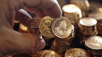 Gold coins, pile of gold coin , shiny and golden, background is the treasure room of an ancient pirate king