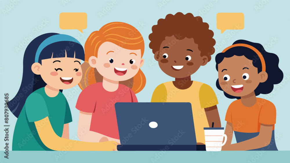 Poster a group of kids huddled around a laptop laughing and collaborating as they work on their latest codi