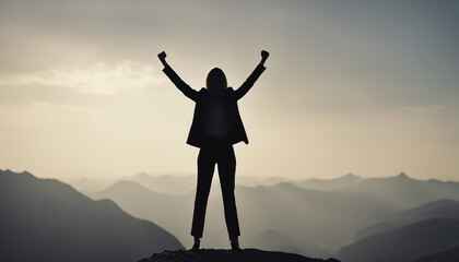silhouette of a business women in a suit standing on a high mountain peak with one hand raised in a fist
