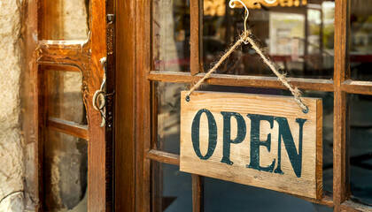 Close-up of a vintage wooden sign board with text OPEN (in English language) of a commercial shop, hanging with a rope from the glass of an entrance door. Generative Ai.