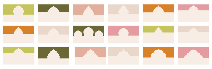 Assortment of diverse geometric forms for website headers or footers adorned with Islamic-style window patterns. Separator template on landing pages to structure design layouts in vector flat design.
