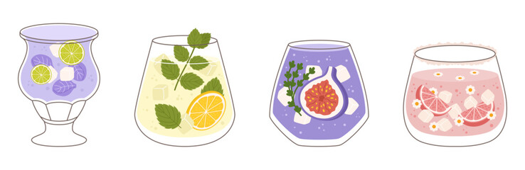 Collection with different taste lemonade and various of glasses shapes. Lemon and mint, fig fruit, strawberry and grapefruit, lime and petals. Vector illustration in outline and flat color style.