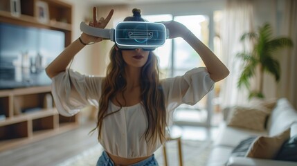 Woman wearing VR glasses, gesturing towards a holographic projection of a sofa, The modern apartment setting with a mix of chic furniture, uses of VR in home decoration. Generative AI.
