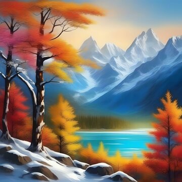 a tall snowy mountain with colorful trees