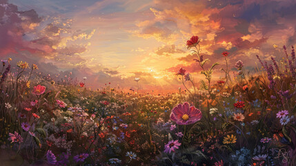 An enchanting panorama of a sunset over a meadow filled with cosmos flowers, their delicate petals dancing in the evening breeze.