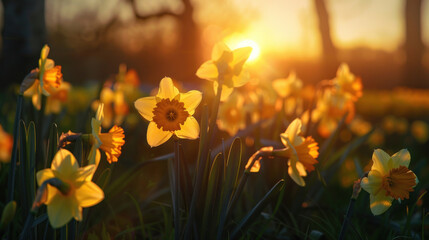 An idyllic scene of a sunset over a field of daffodils, their bright yellow blooms glowing in the soft, diffused light of evening.