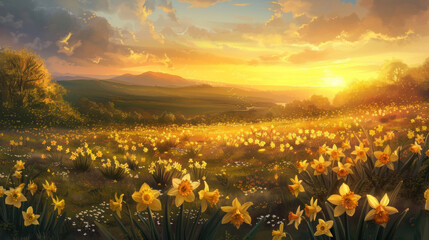 Fototapeta premium An idyllic scene of a sunset over a field of daffodils, their bright yellow blooms glowing in the soft, diffused light of evening.