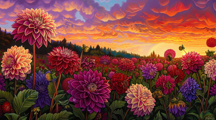 An idyllic scene of a sunset over a field of dahlia flowers, their bold colors and intricate patterns creating a mesmerizing display.