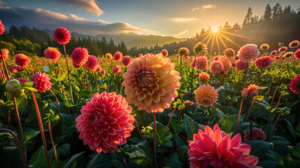 An idyllic scene of a sunset over a field of dahlia flowers, their bold colors and intricate patterns creating a mesmerizing display.