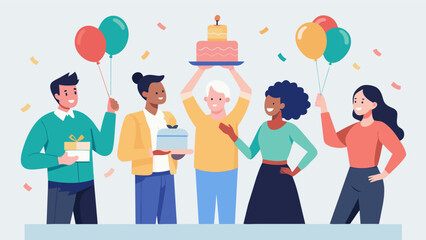A group of coworkers surprising their colleague with a cake and balloons celebrating their return to work after taking time off to focus on their.