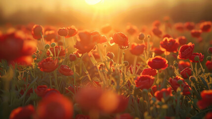 An idyllic scene of a sunset over a field of ranunculus flowers, their delicate petals illuminated by the soft, diffused light of dusk.