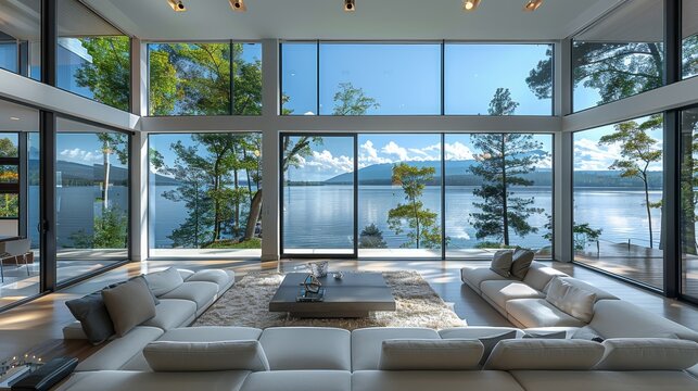 Very nice interior design of a living room with large windows overlooking the lake. Generative AI.