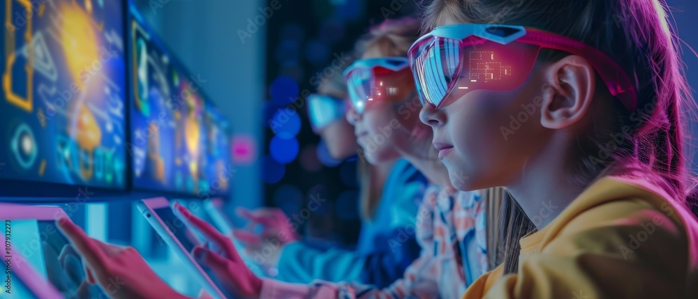 Aufkleber children in stem, playing, learning. both girls and boys use augmented reality software on a digital