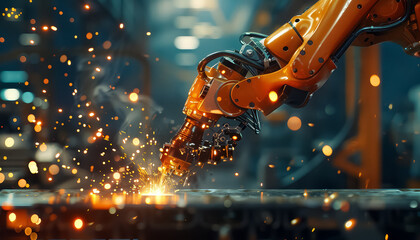 A robot is working in a factory, surrounded by sparks and debris