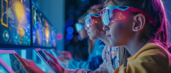Children in STEM, Playing, Learning. Both girls and boys use Augmented Reality software on a digital tablet computer. Children in elementary school computer science class.