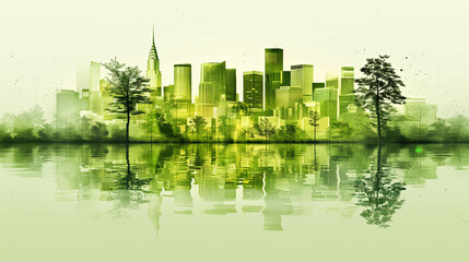 Urban Skyline with Eco-Friendly Green Overlay