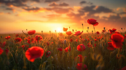 The ethereal beauty of a sunset over a field of poppies, the vibrant red flowers standing out against the golden backdrop of the sky.