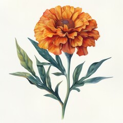 marigold stem flower watercolor paint on white background